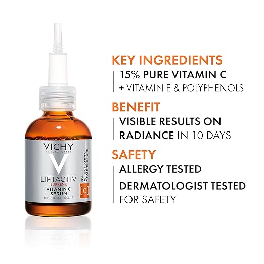 Vichy Vitemin C Serum 20 Ml With 15% Pure Vitamin C, Skin Firming And Antioxidant Facial Serum For Brightness And Moisturizing